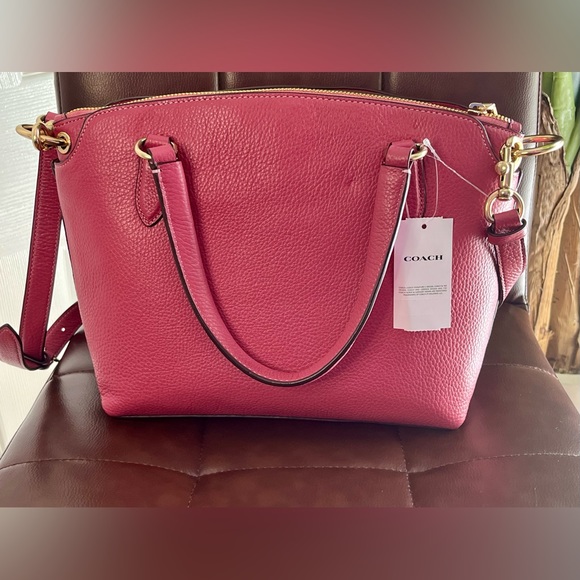 COACH REMI PINK RED PEBBLED LEATHER GOLD C TOP ZIP CROSSBODY SATCHEL BAG - Picture 3 of 12